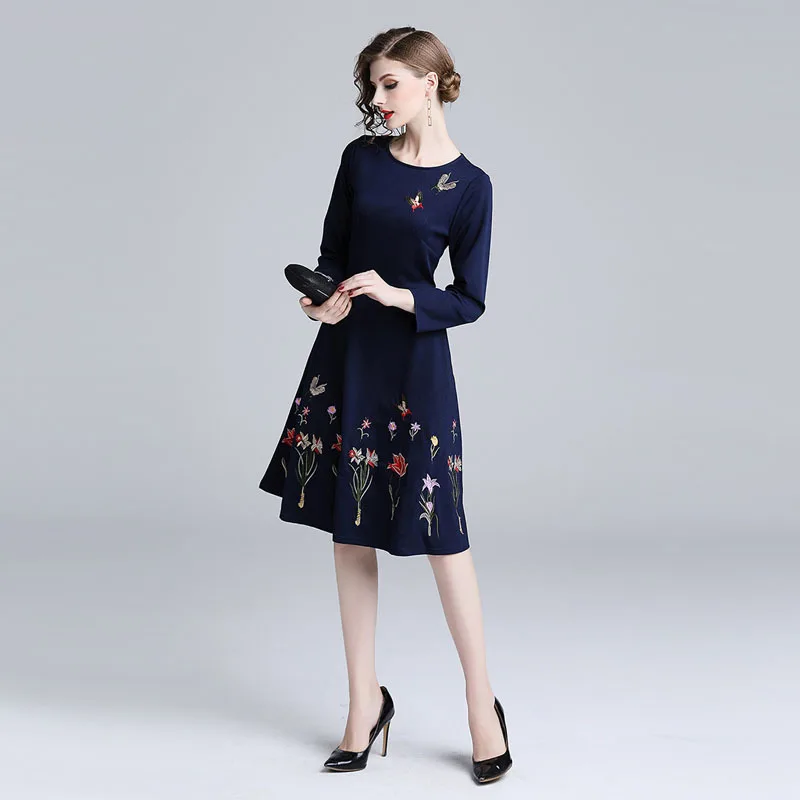 Высокое качество женское синее вечернее платье vestidos Европейская станция вышивка