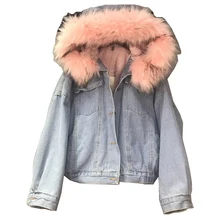 Lacontrie модные теплые куртки осень-зима Для женщин Однобортный куртка с капюшоном большой меховой утепленные ковбойские свободные Джинсовые куртки T239