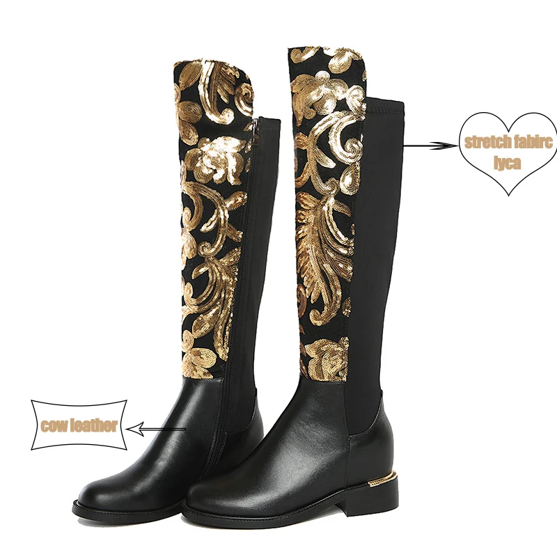 WETKISS/Роскошная обувь больших размеров; дизайнерские женские сапоги до колена, украшенные золотыми блестками; эластичные праздничные сапоги из натуральной кожи; сезон осень-зима