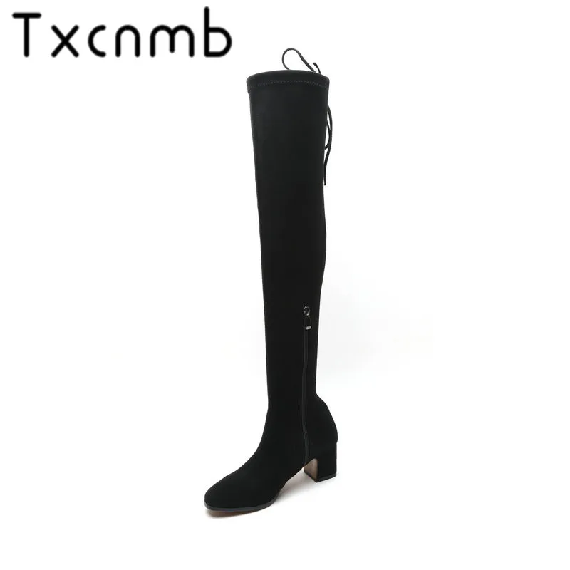 

TXCNMB 2019 Boots Women Over The Boots for Women Winter Kid Suede Leather High Heel Round Toe Shoes Woman Size 40