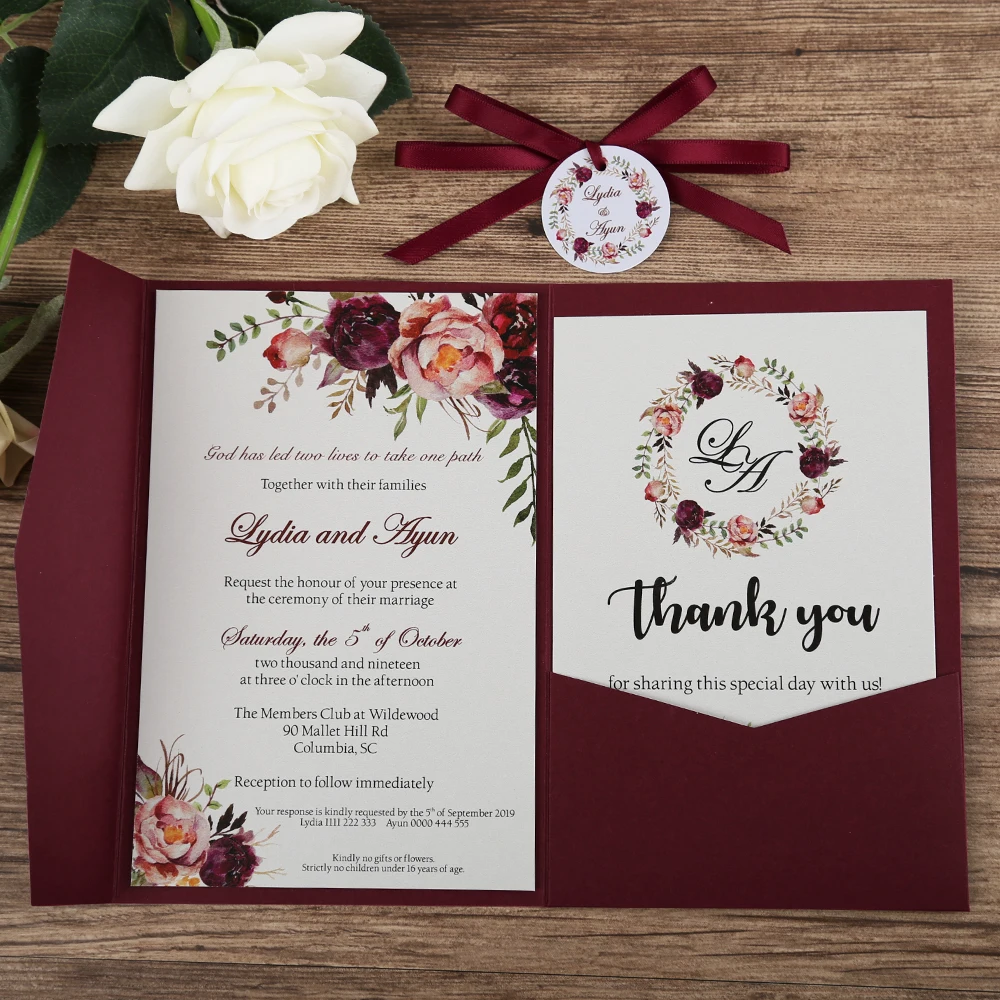 

100pcs Wedding Invitations Blue Pocket Burgundy Greeting Cards with Envelope Customized Party with Ribbon and Tag