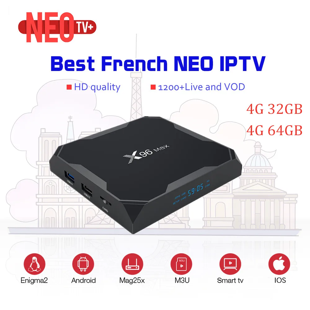 Французский X96 MAX android tv box android 8,1+ NEO tv pro ip tv подписка 1300+ Live vod Европа IP tv Франция Бельгия арабский smart tv