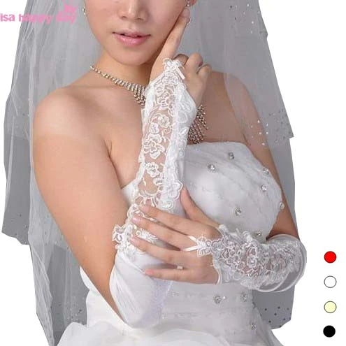 

Black Fingerless Bride Elbow Length Long White/Ivory Lace Appliqued Beaded Bridal Party Accessories 2019 Woman Wedding Gloves