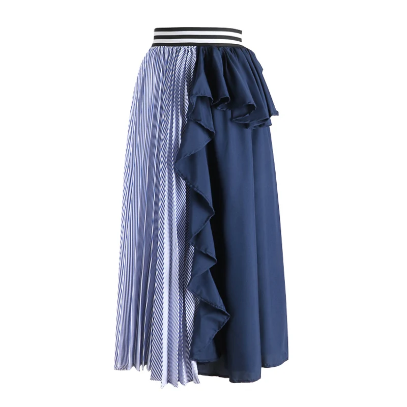 Летние новые женские юбки с оборками, полосатые лоскутные плиссированные женские элегантные асимметричные юбки, модная одежда