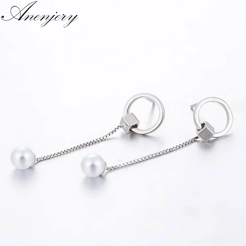 Anenjery Простые Модные 925 пробы серебряные серьги круглые квадратные жемчужные длинные серьги с кисточками для женщин S-E484