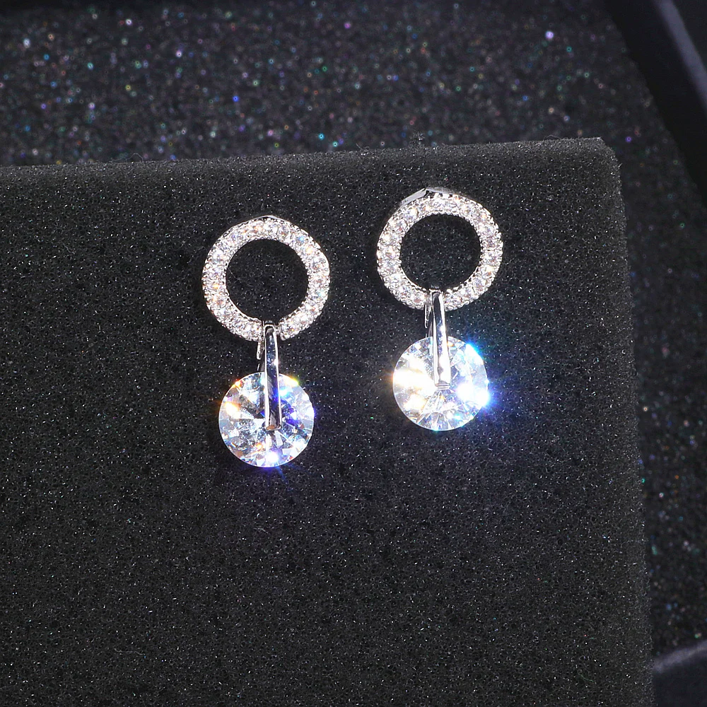 

2019 new Luxury Female Silver Color Round Stud Earrings Fashion Wedding Jewelry Double Crystal Zircon Earrings For Women WX325