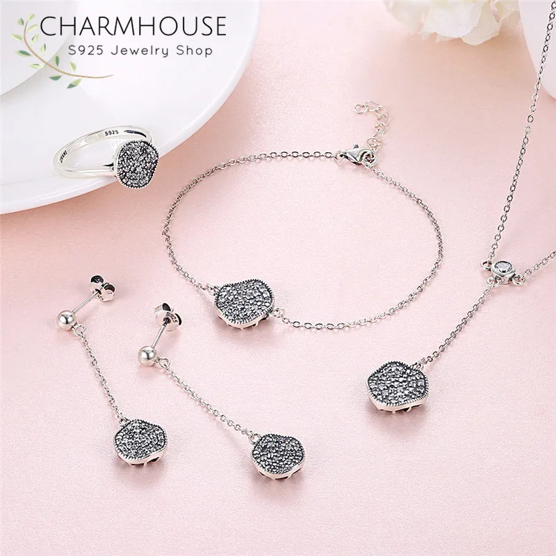 

100% 925 Sterling Silver Jewelry Sets for Women Cubic Zirconia Pendant Necklace Bracelet Ring Earrings 4 Pcs Bridal Jewelry Set