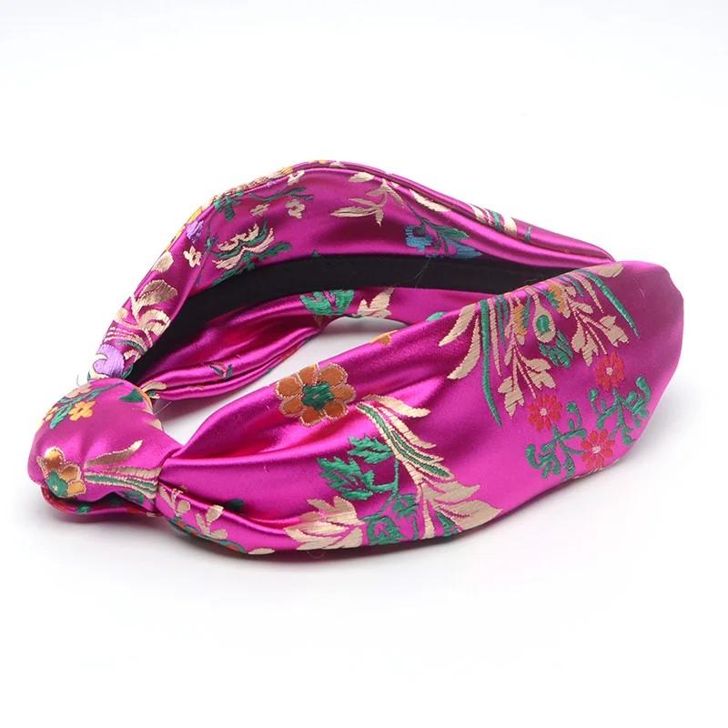 Китайский стиль, вышитый цветок, лента для волос, атласная шелковая повязка на голову с узлом для девушек и женщин, тюрбан, завязанная повязка на голову, аксессуары для волос
