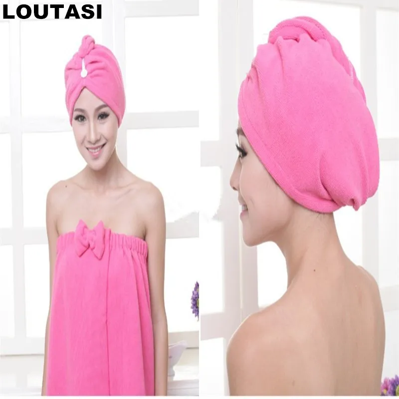 LOUTASI Women Bath Towel Wearable Microfiber Bathroom Towel set With hair Band Quick drying Body