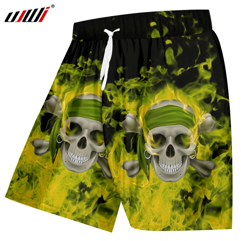 UJWI уличный стиль хипатер пляжные шорты для мужчин зеленый пламя черепа 3D печатных тренд Высокое качество Мужская одежда поставщиков