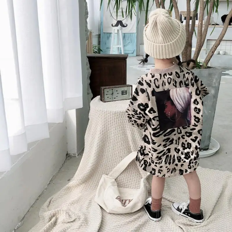 

2019 Spring Long Sleeve Casual Loose Kids Shirts Dresses For Girls Child O-neck Leopard Cotton Little Girl T Shirt Dress JW7074