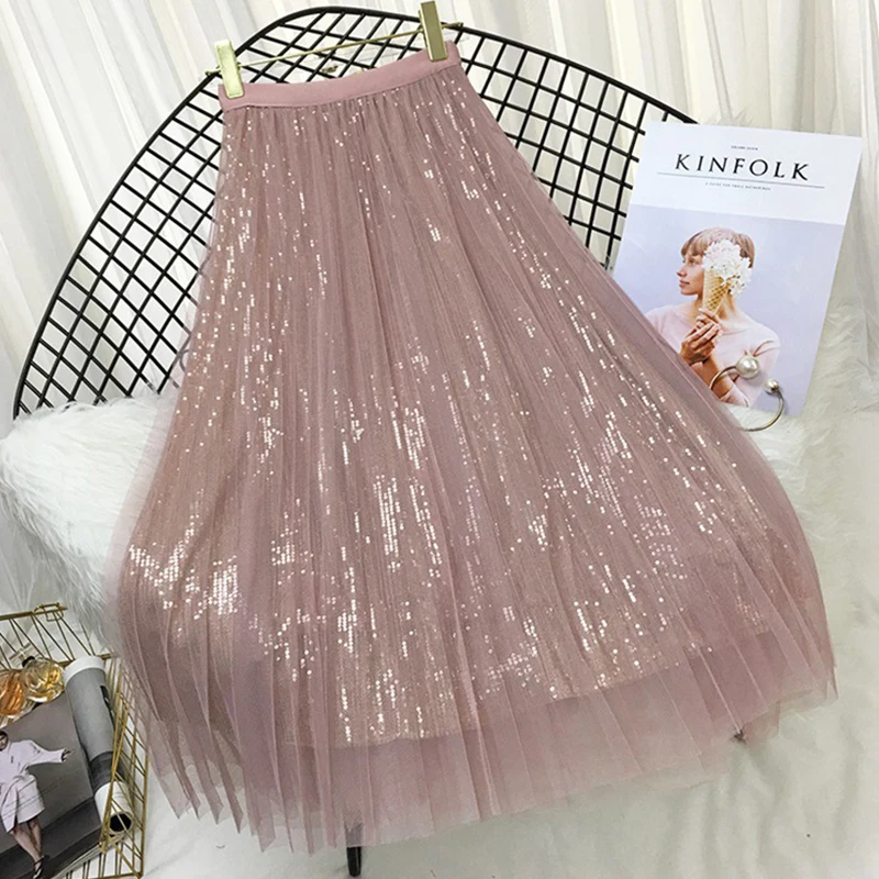 TIGENA 4 слоев фатина модные блесток Тюлевая юбка Для женщин сезон: весна–лето в Корейском стиле длинная юбка макси Высокая талия юбка в складку розового цвета