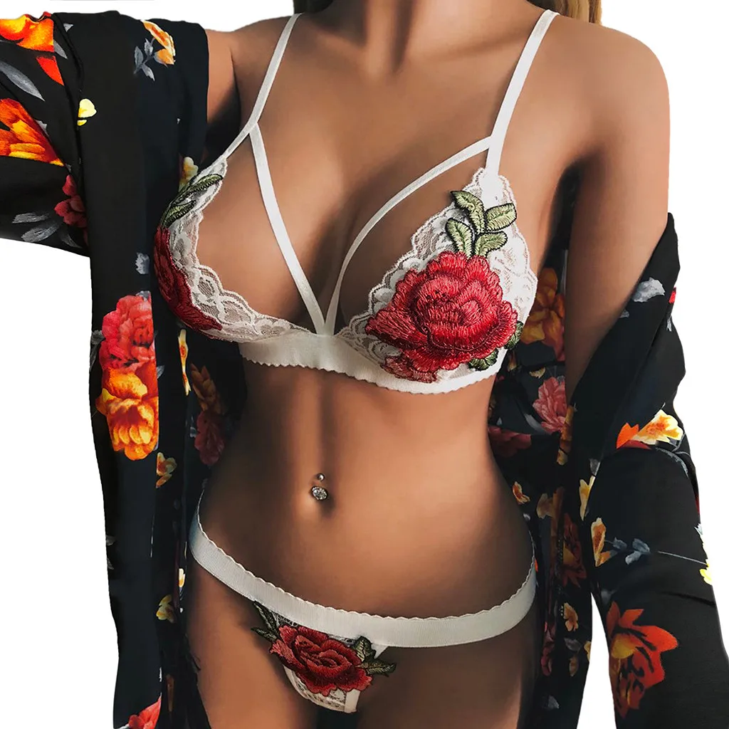 Женская сексуальная ночная рубашка с вышивкой, нижнее белье, сексуальный женский корсет с цветочным принтом, кружевной бандаж, пуш-ап Топ, бюстгальтер+ штаны, комплект нижнего белья