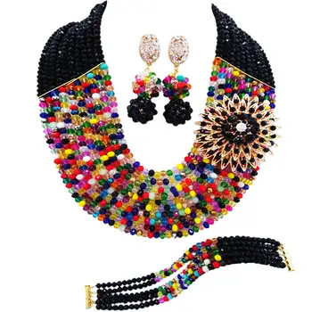 

Fashion Black Multicolor Crystal Beaded Necklace African Beads Jewelry Set Nigerian Wedding Necklace Sets for Women 10C-SZ002