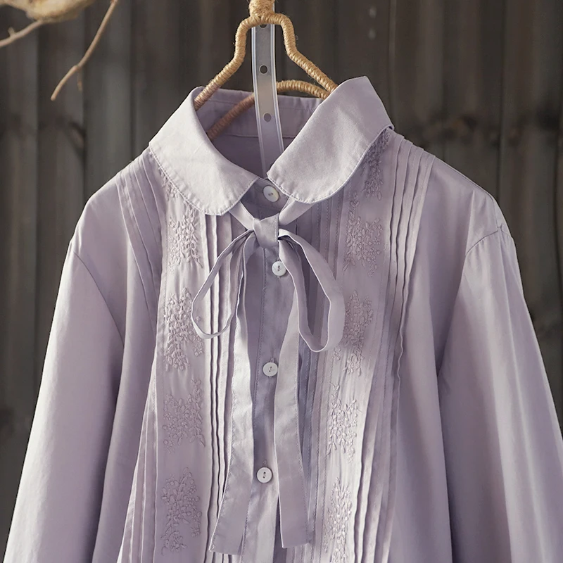 Delicate embroidery peter pan collar bow tie sash long sleeve pleated