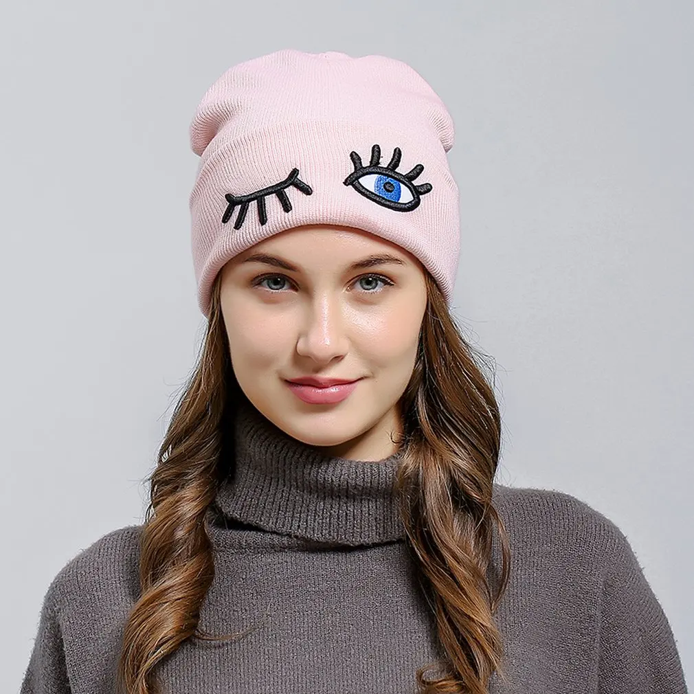 

2020 NEW Funny Eyes Embroidery Beanies Hats Caps Women Winter Knitted Cap Ladies Casual Solid Color Skullies Beanie Warm Hat