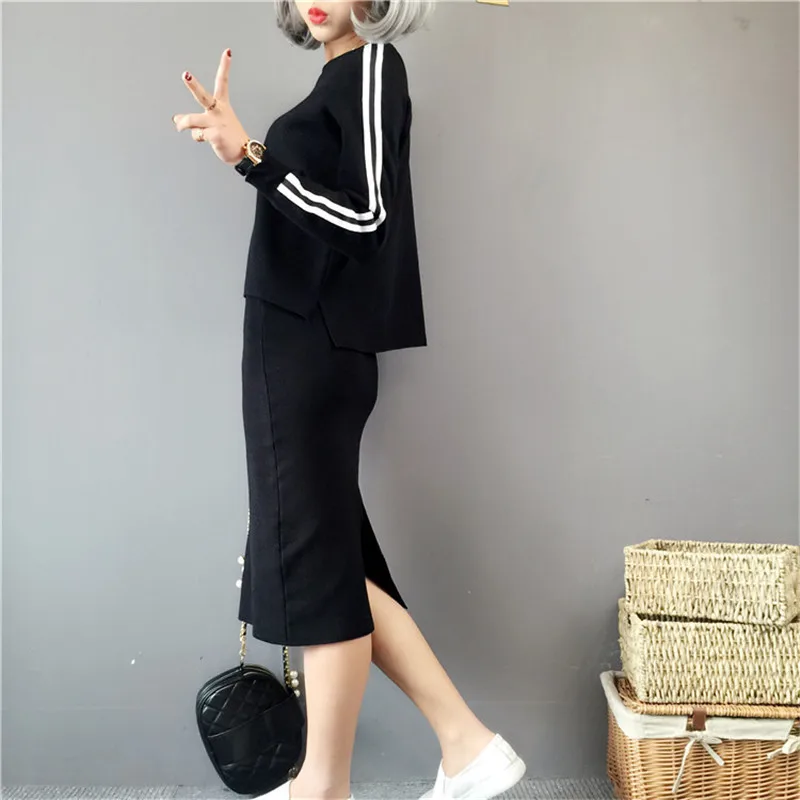 LUO SHA, комплект из двух предметов, женские спортивные костюмы, женский костюм, женский кашемировый свитер, полосатый топ и юбка, комплект, костюм для женщин