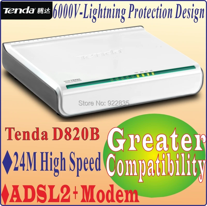 Tenda D820B высокоскоростной DSL Интернет-Модем ADSL 2+ с 1-портовым переключателем с 1 ethernet кабелем, 1 adsl-сплиттер, 2 телефонных линии