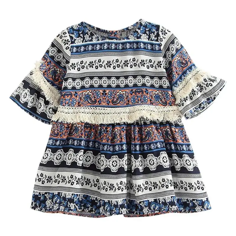 

2018 Fashional Girl Dress fabric ethnic dress girl costume for kid half sleeve bohemian a-line dress beach soft children Costume