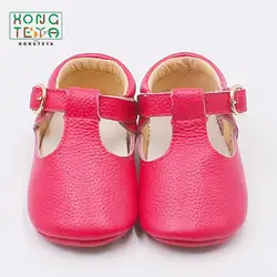 Ярко-розовые туфли с Т-образным ремешком для маленьких девочек, мокасины из натуральной кожи для новорожденных, Нескользящие туфли для