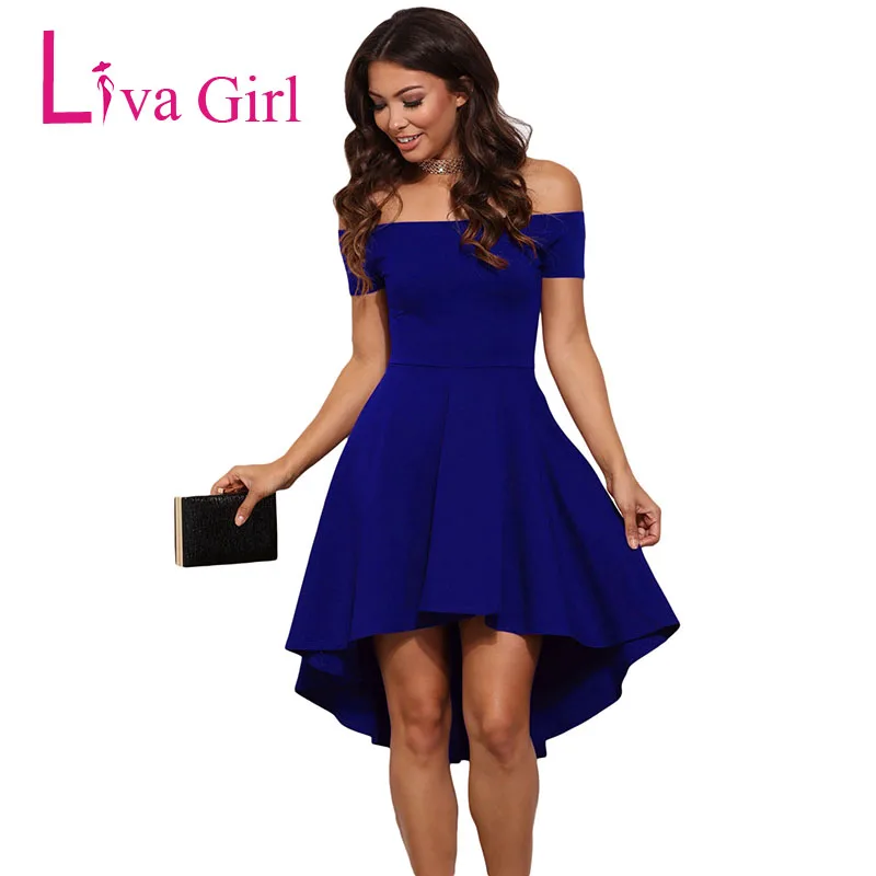 

LIVA GIRL Elegant Summer Evening Party Dresses Women Cute Sexy Off Shoulder Skater Dress Blue/Black/Red Female Flared Vestidos