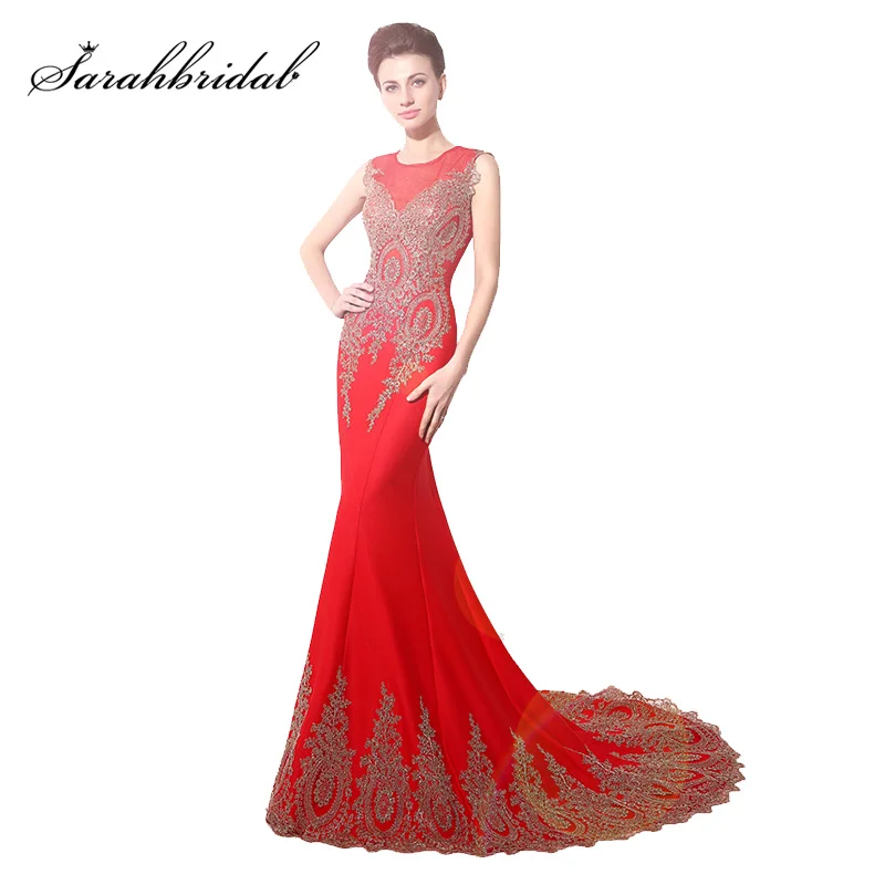 Элегантные красные платья Русалка для выпускного вечера плюс размер Золотые кружевные аппликации Формальные Вечерние платья Дешевые оформление XU028