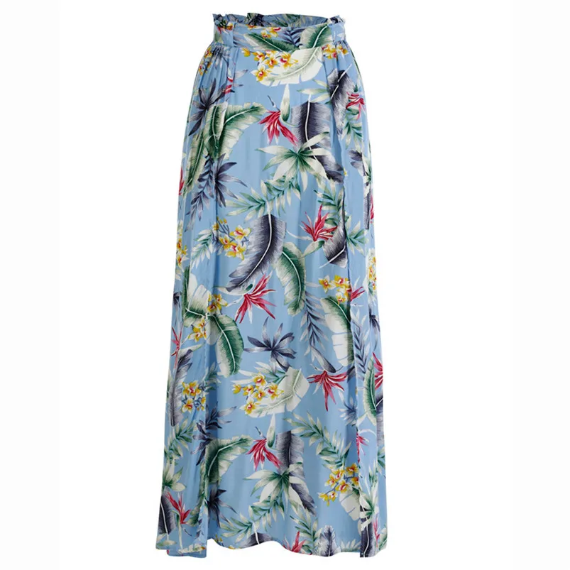 Summer Skirts Women Boho Maxi Skirt Beach Leaf Print Holiday Summer High Waist Long Skirt faldas mujer moda 2019 El verano H26 (1)