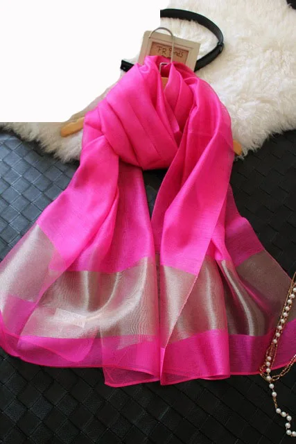 Шелковые шарфы, элегантный Шелковый женский шарф, модный черный сшитый Золотой шелковый шарф, длинная секция, мягкая шаль, шарф из органзы - Цвет: rose red