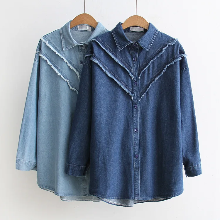 

spring denim shirt female wind coat college students tassel long-sleeved loose cowboy clothing Women's clothing wholesale shirts