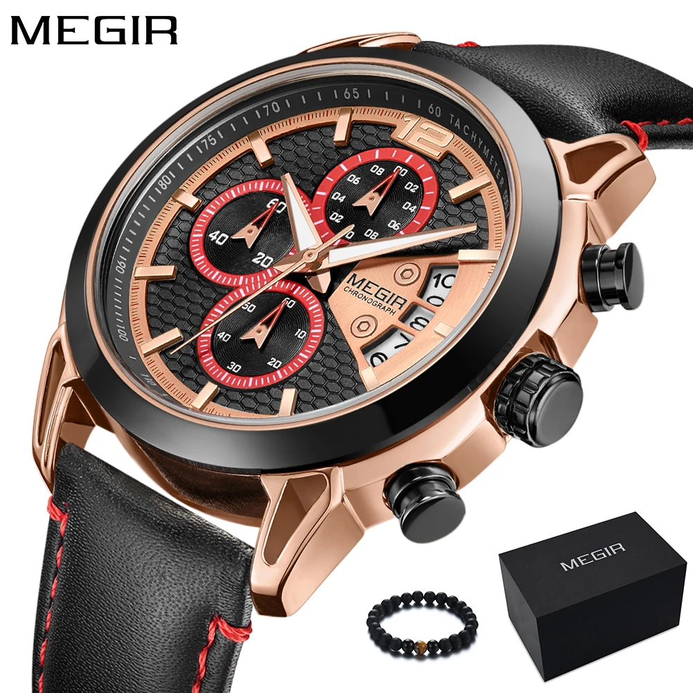 

New MEGIR Mens Watches Top Brand Luxury Watch Men Black Leather Band Military Army Sport Watch Quartz Clock relojes hombre 2018
