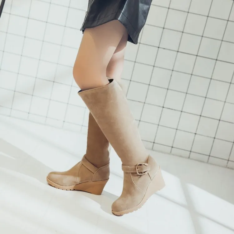 

Big Size 11 12 13 14 Fashion boots with slim legs, buckles and velvet, high barrel, thick heel and long barrel boots