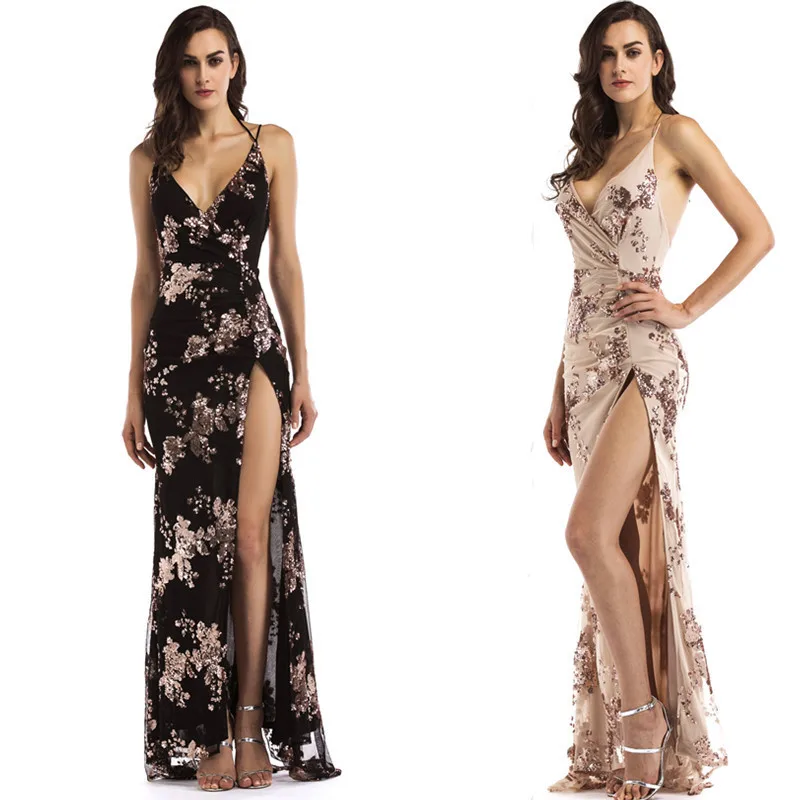 

Sexy suspenders long dress deep V-neck split mopping party open back dress elegant paillette 2019 women summer dresses