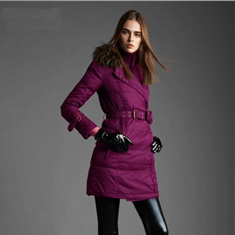 Тонкая Утепленная зимняя женская куртка новое поступление с поясом меховой воротник хаки/черный женская верхняя одежда пальто пуховик GQ1691