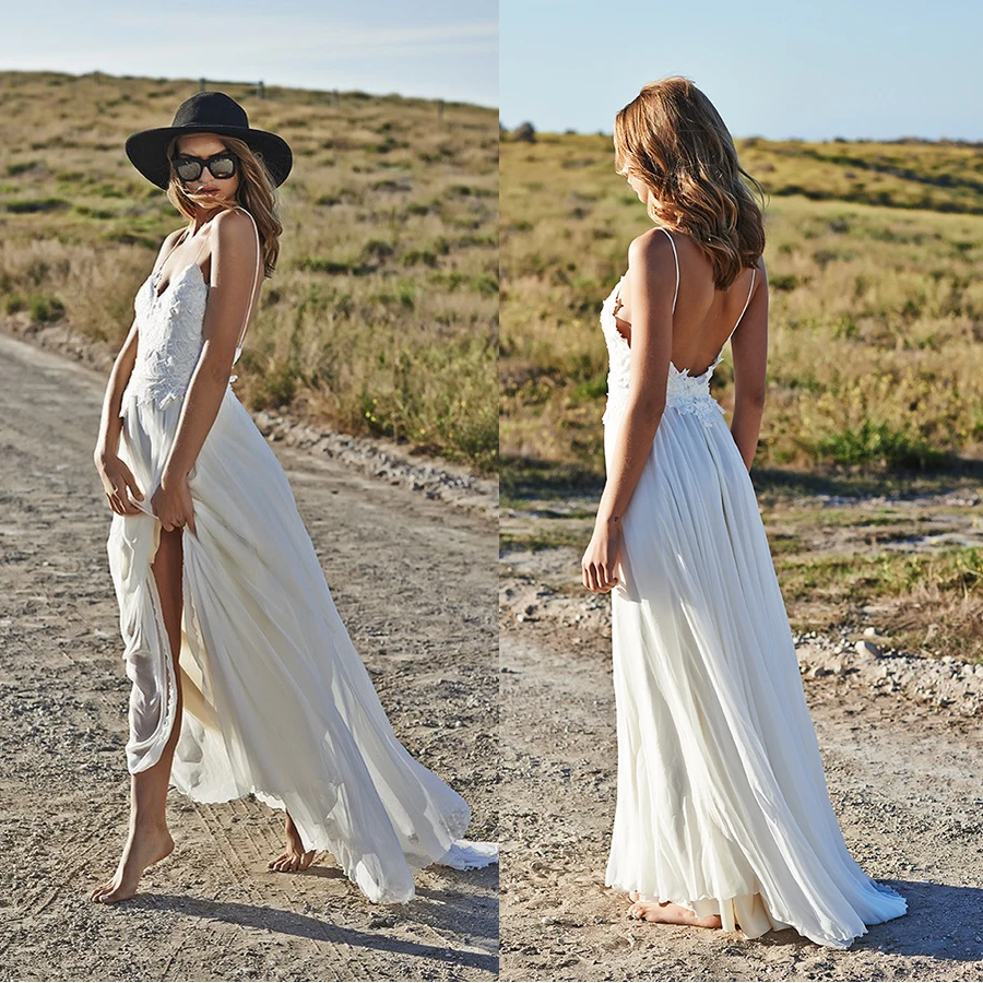 A Line V Neck Backless Chiffon Bohemian Beach Style Boho Wedding Dress