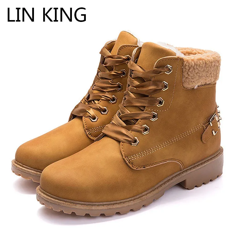 

LIN KING Big Size Women Snow Boots Warm Plush Winter Ankle Boots Female Casual Cotton Shoes Waterproof Rivet Lace Up Short Shoes