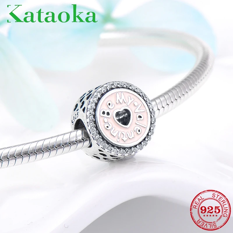 

Romantic 925 Sterling Silver round shape pink my Valentine beads Fit Original Pandora Charm Bracelet Jewelry making 2018