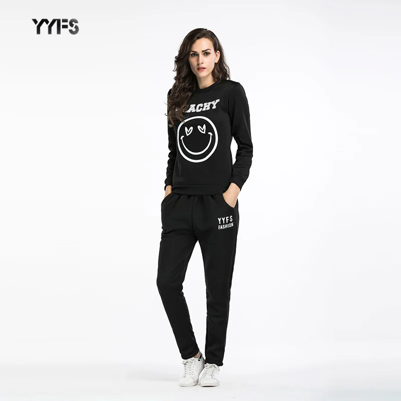 Autumn Winter Twinset Happy Smiling Face Printing Exo Bts Cotton Suit Woman Hoodie Two Piece Set European Round Neck Sweatshirt |