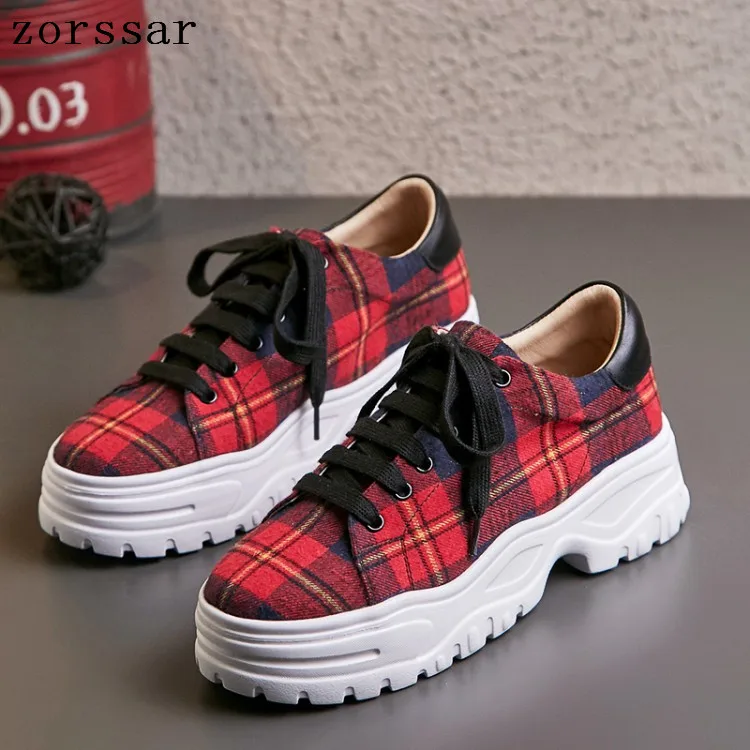 

2019 Spring Women Flat Platform Shoes Cotton Fabric Fashion plaid Thick bottom sneakers Woman Casual Shoes Lace up Flats creeper