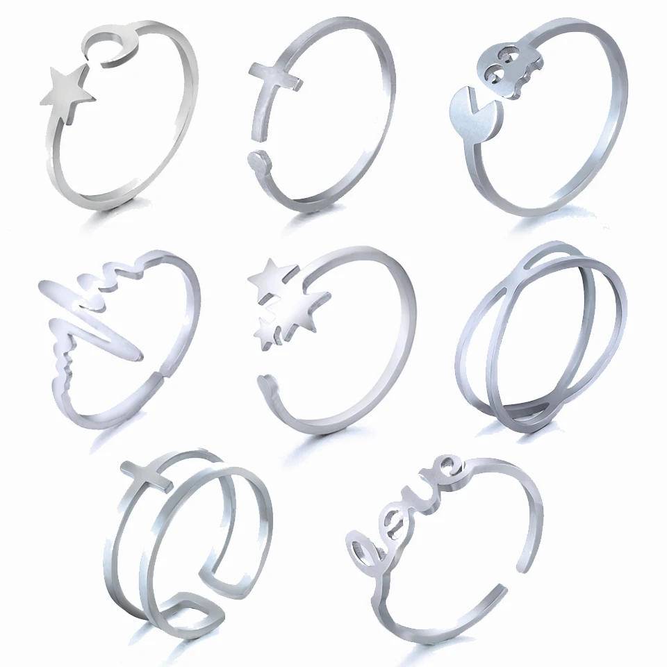 

2019 Multiple Styles Fashion Silver Stainless Steel Opening Rings For Women Girl Minimalist jewelry Accessories Gifts Resizable