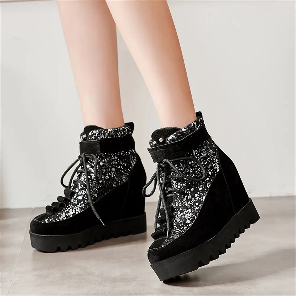

Plus Size 31-43 Top Quality Platform Shoelace Ankle Boots Woman Shoes Bling Winter Height Increasing Woman Boots Women Shoes