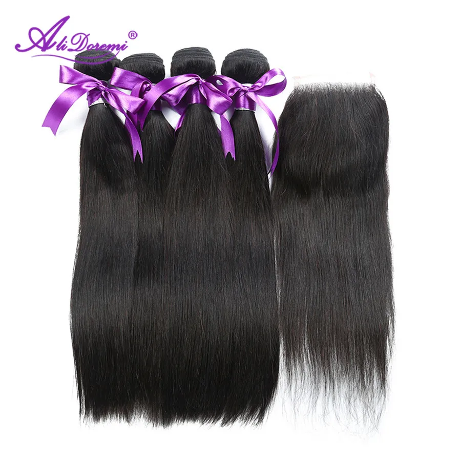 Alidoremi Brazilian Straight hair 4 Bundles With Free Middle Three Part Lace Closure Non remy Natural Color 100 Human Hair Weave