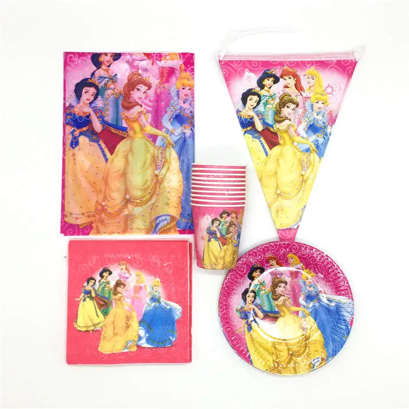 

Disney Six Princess Belle Theme Design Paper Cup Plate Kid Favors Birthday Party Festival Decorate Flag Banner Supply 81Pcs/Lot