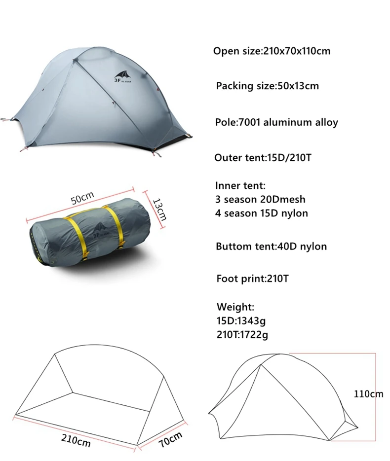 3F UL gear палатка одноместная двухслойная 15D/210T походная палатка водонепроницаемая 3 сезона 4 сезона с ковриком