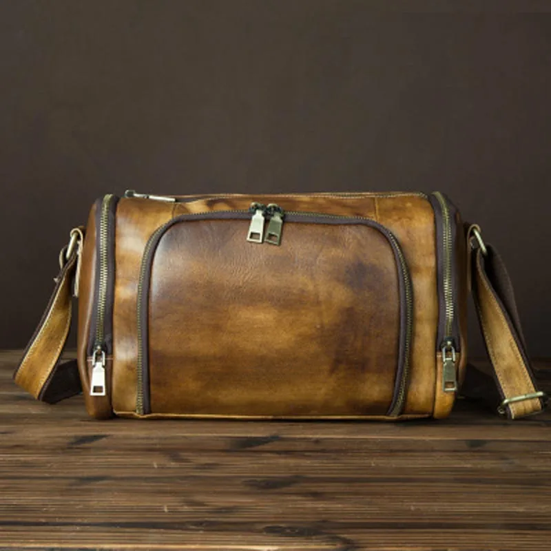 

New Genuine Leather Men's Shoulder Messenger Bags Vintage Brush Color Vegetable Tanned Leather Crossbody Bags For Men LS9016
