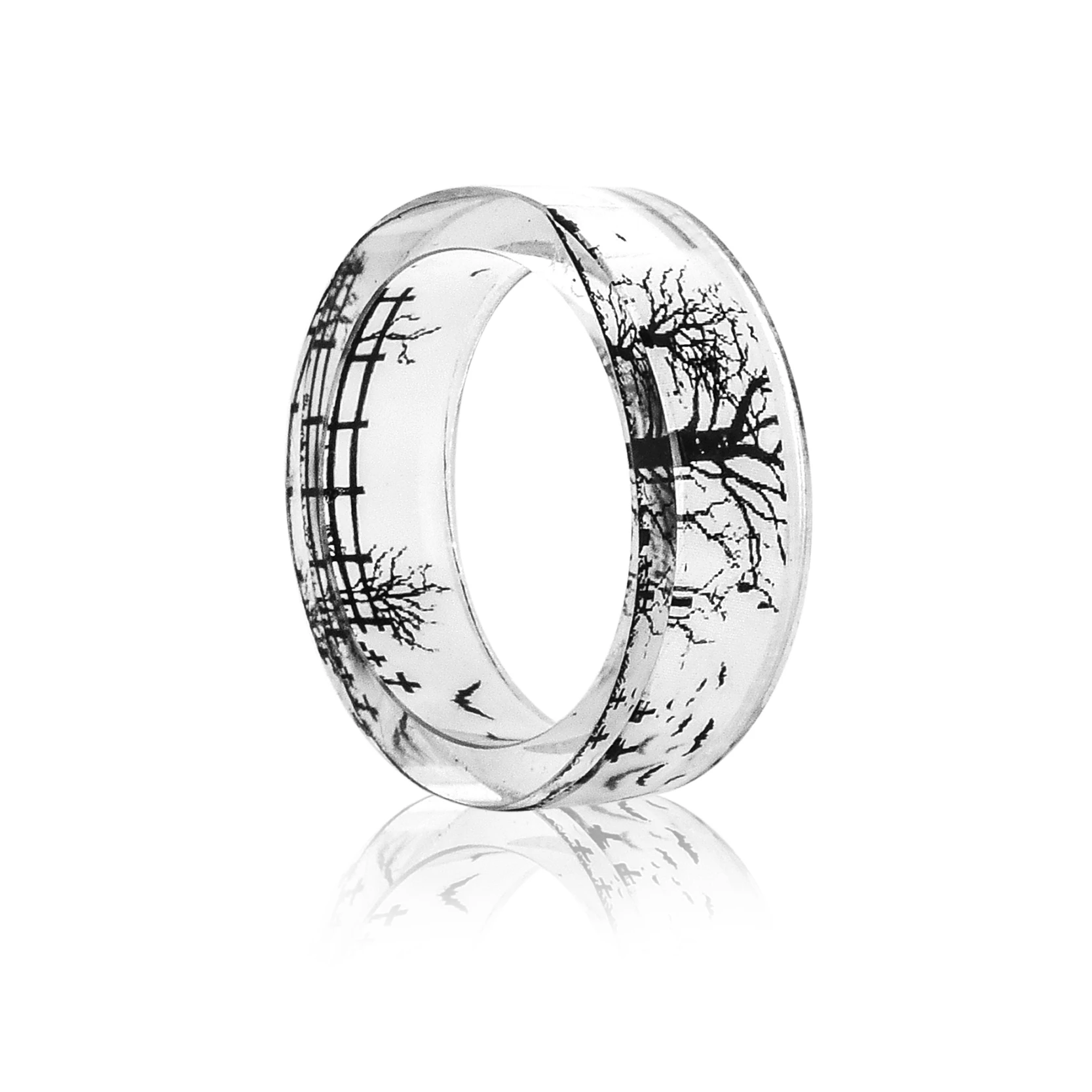 Fashion Handmade Transparent Bat and Trees Resin Rings Scenery Inside Black and White Women Finger Knuckle Ring