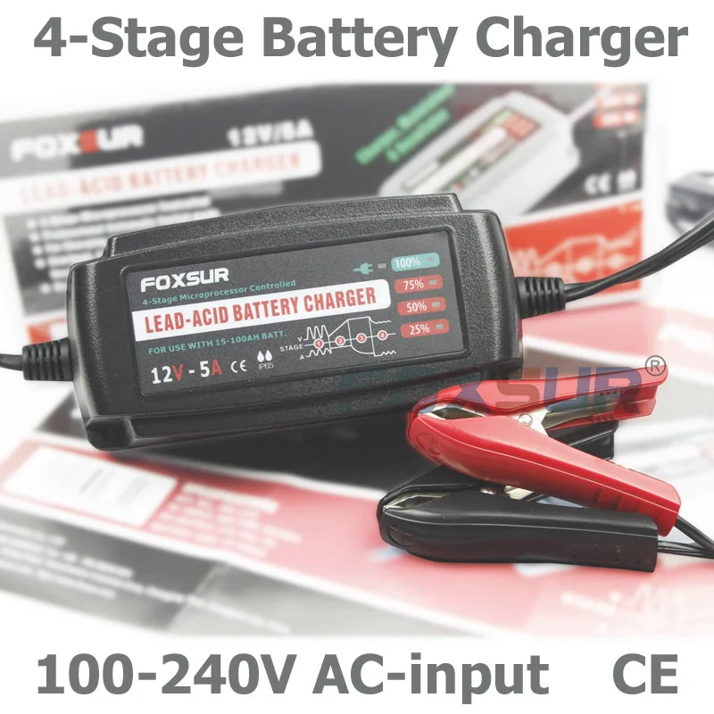 FOXSUR 12V 5A Automatic Smart Battery Charger, AGM GEL WET EFB Lead