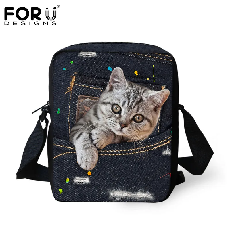 

FORUDESIGNS Cute Animal Cat Women Messenger Bags Luxury Small Crossbody Bag for Ladies 3D Denim Pocket Shoulder Handbag Feminina