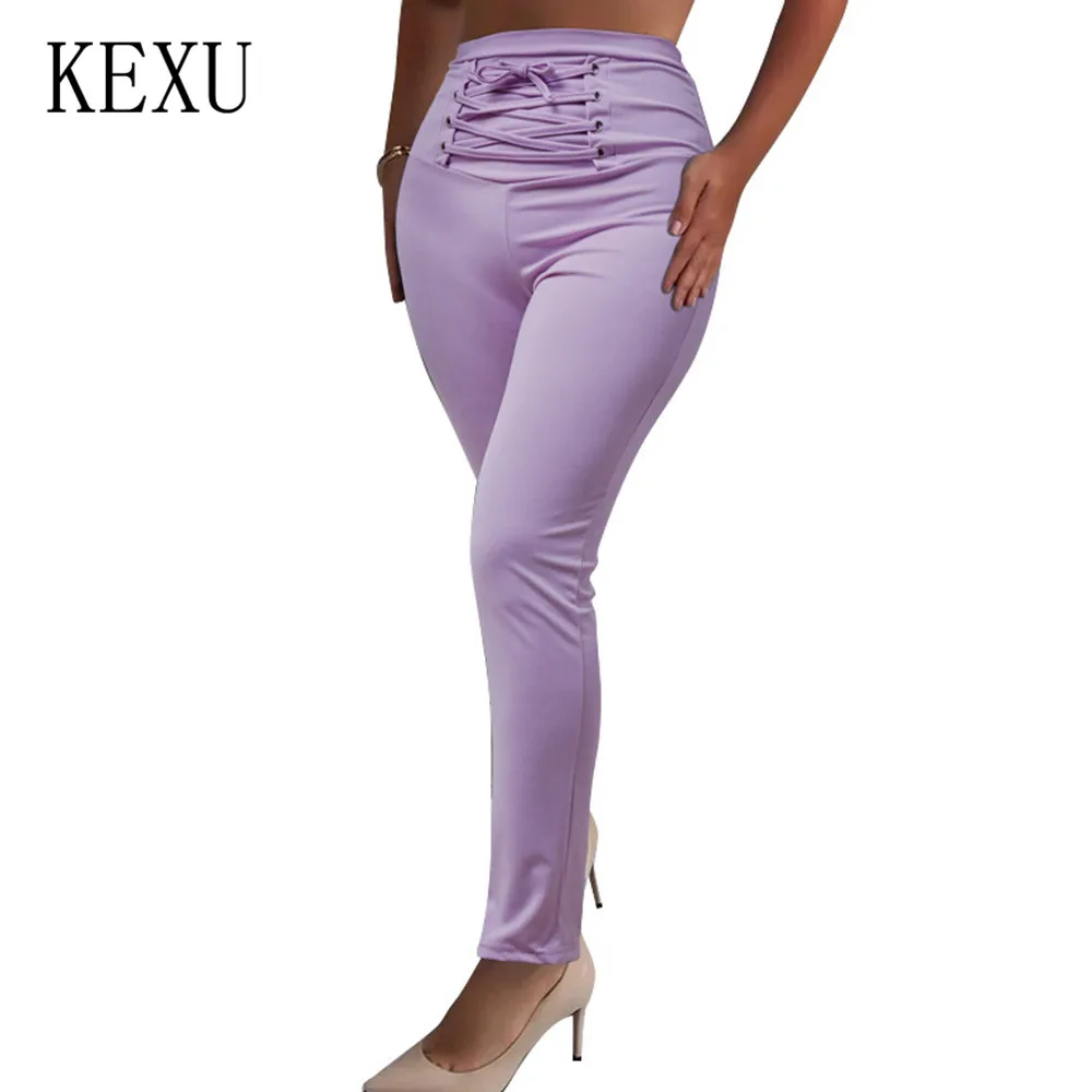 

KEXU High Waist Pants Women Cross Bandage Bodycon Slim Pants Summer Casual Streetwear Punk Black Pants Women Capris Trousers