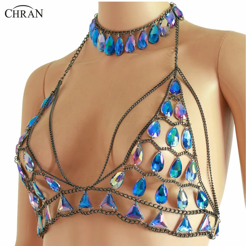 Chran  Sexy Mesh Halter Harness Chain Bra Bikini Sequin Body Chain Jewelry Festival Cosplay Wear