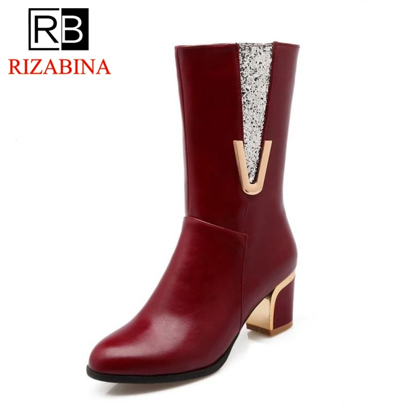 

RizaBina Plus Size 34-48 Women High Heels Mid Calf Boots Bling Patchwork Warm Fur Shoes Woman Zipper Round Toe Winter Boots